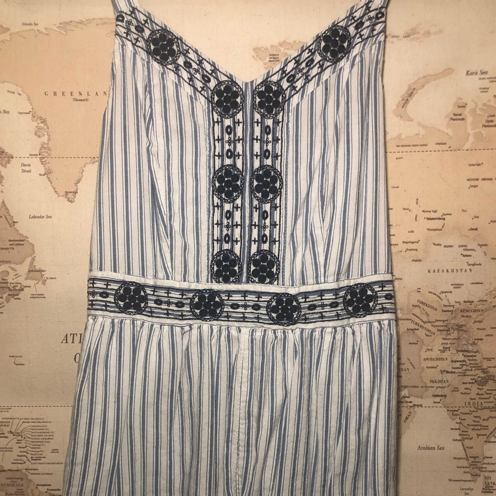 blue and white romper with pockets